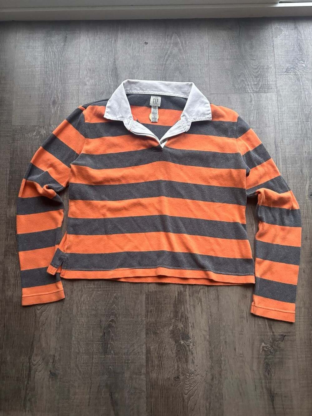 Vintage Gap Orange & Grey Striped womens Long Sleeve cropped Rugby Shirt